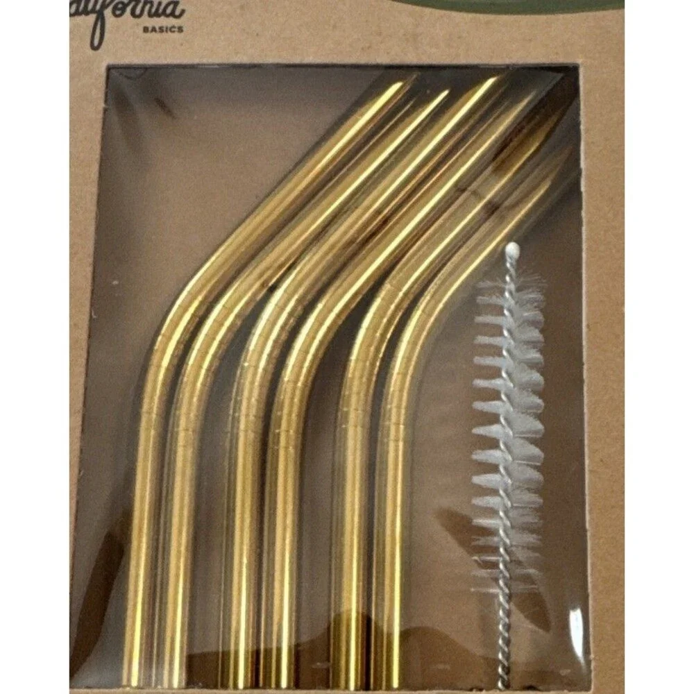 Reusable Bent Stainless Steel Straws 6 Pack With Cleaning Brush Gold Toned 6mm